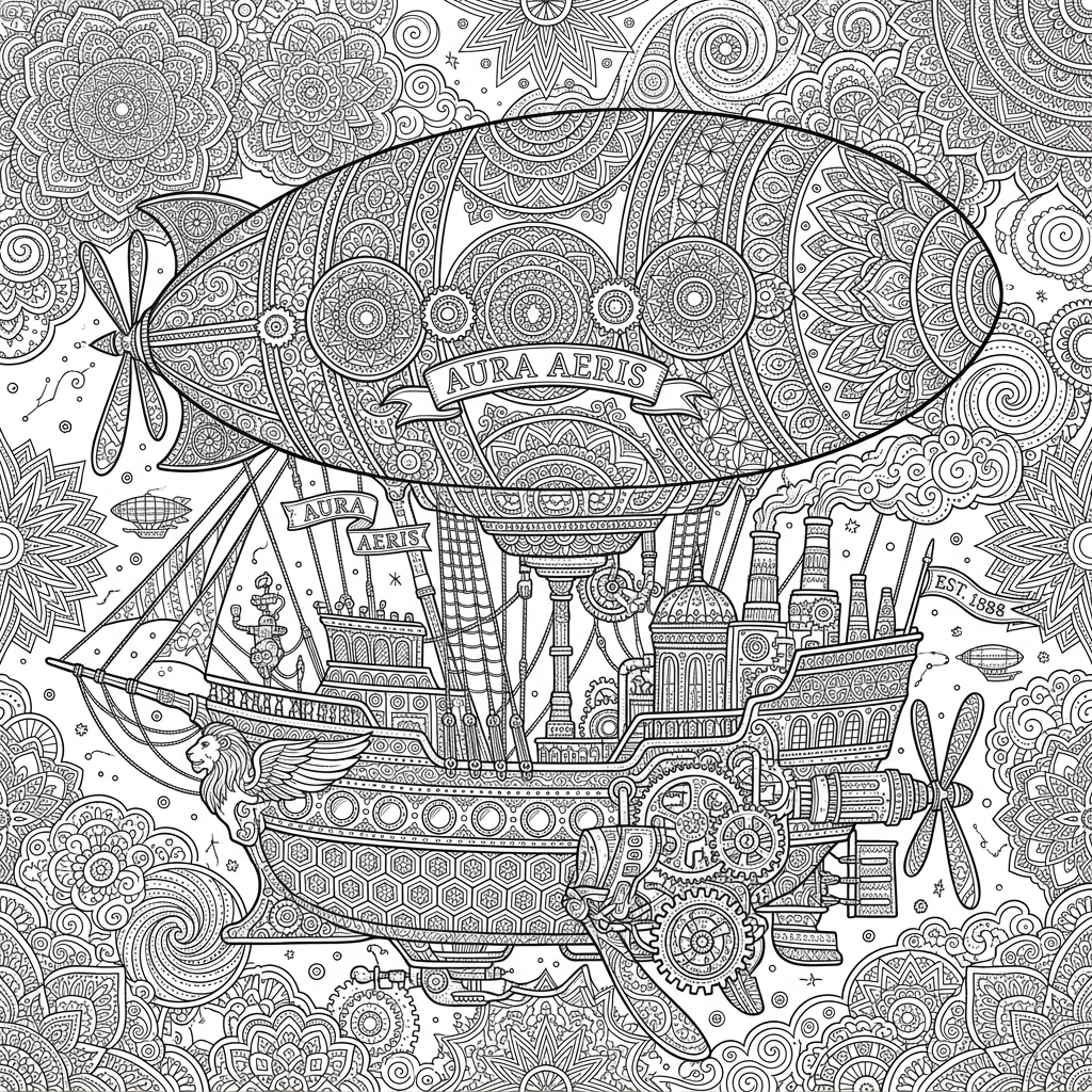 Detailed Steampunk Airship Flying Coloring Page