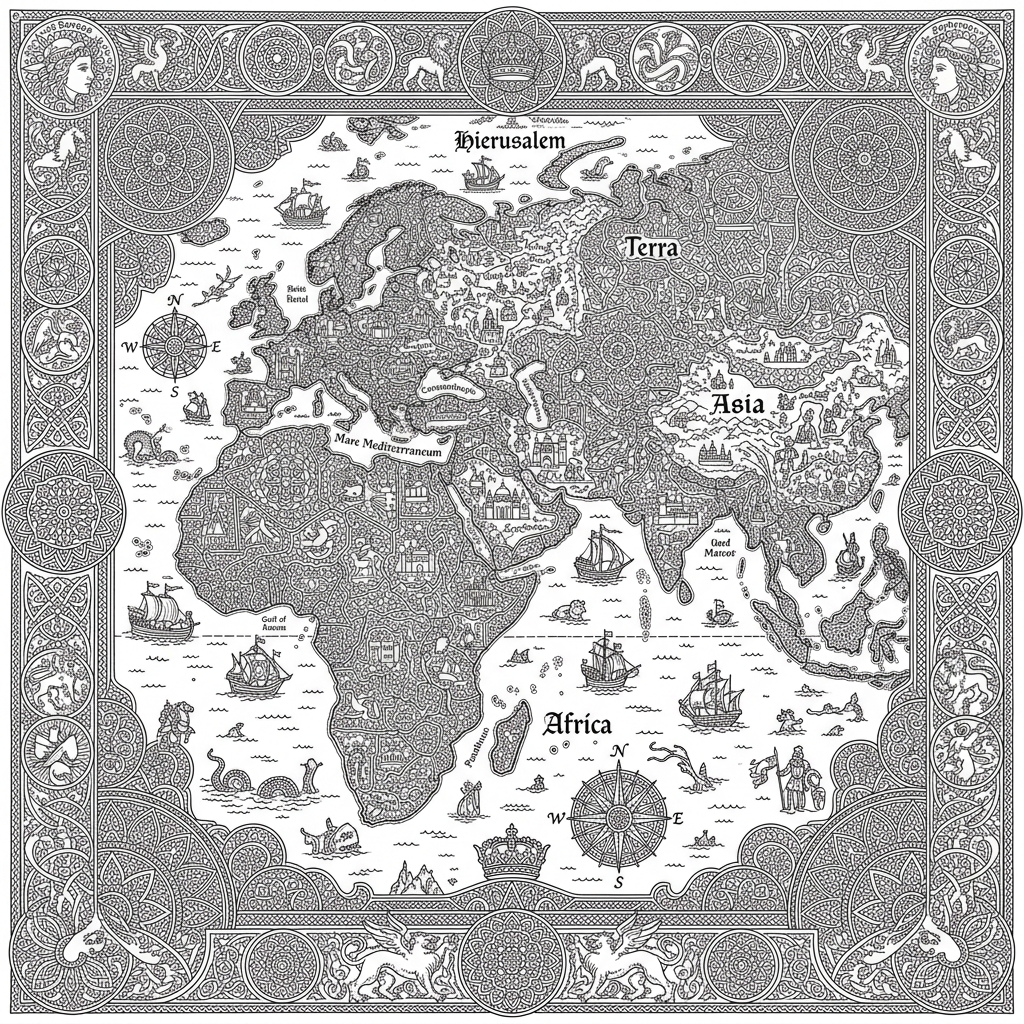 Intricate Medieval World Map Tapestry Coloring Page