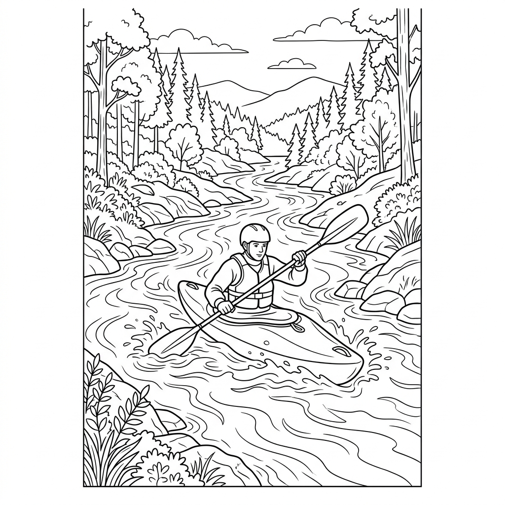Kayak Paddling Down River Coloring Page