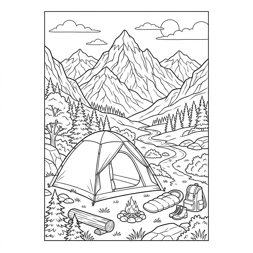 Scenic Mountain Camping Tent Coloring Page