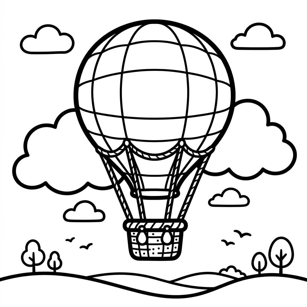 Simple Hot Air Balloon in Clouds Coloring Page