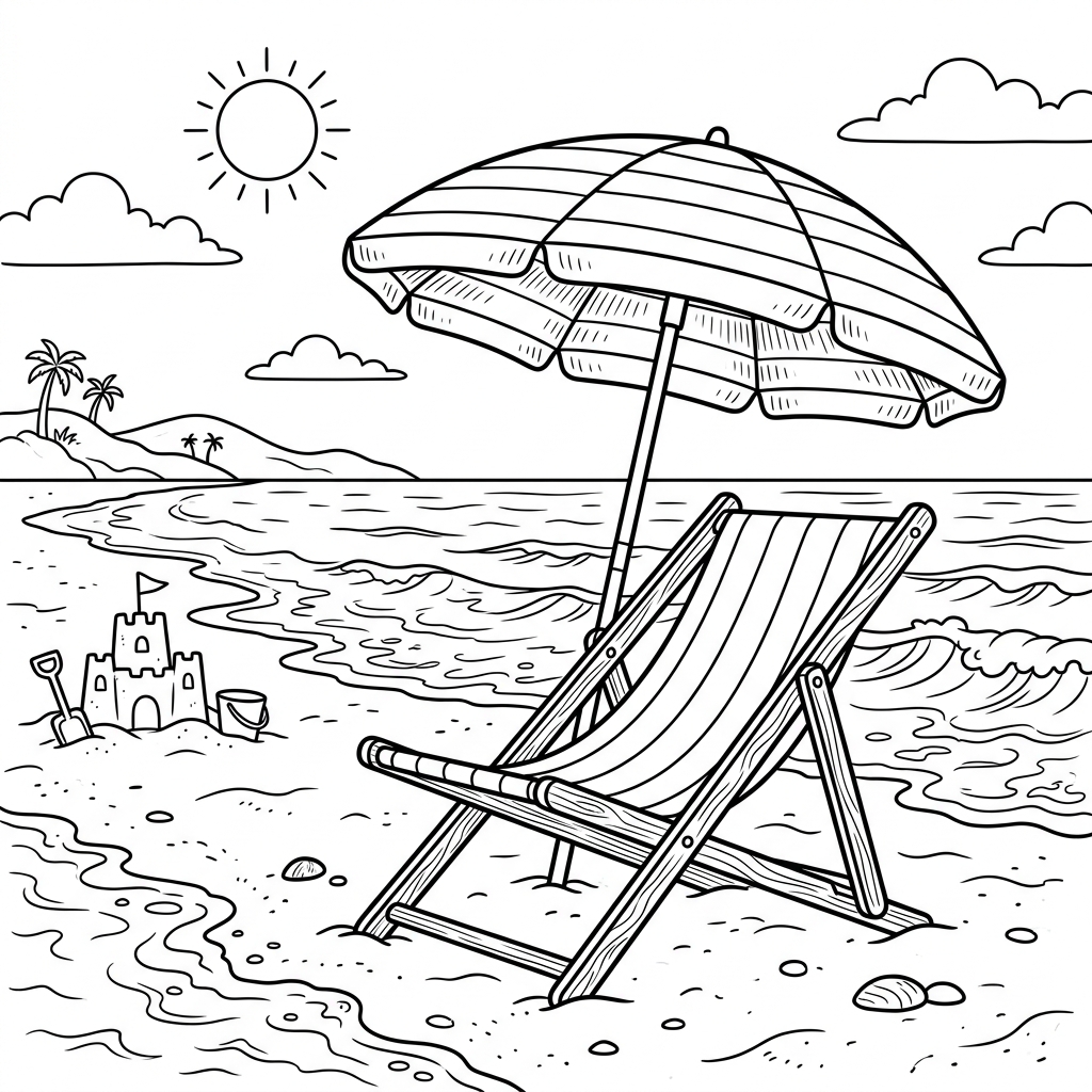 Sunny Beach Chair and Umbrella Coloring Page