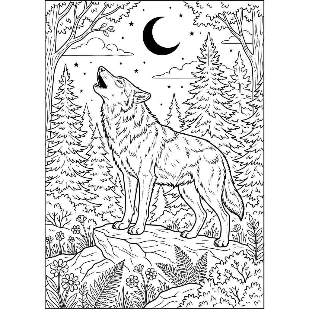 Howling Wolf in Forest Coloring Page