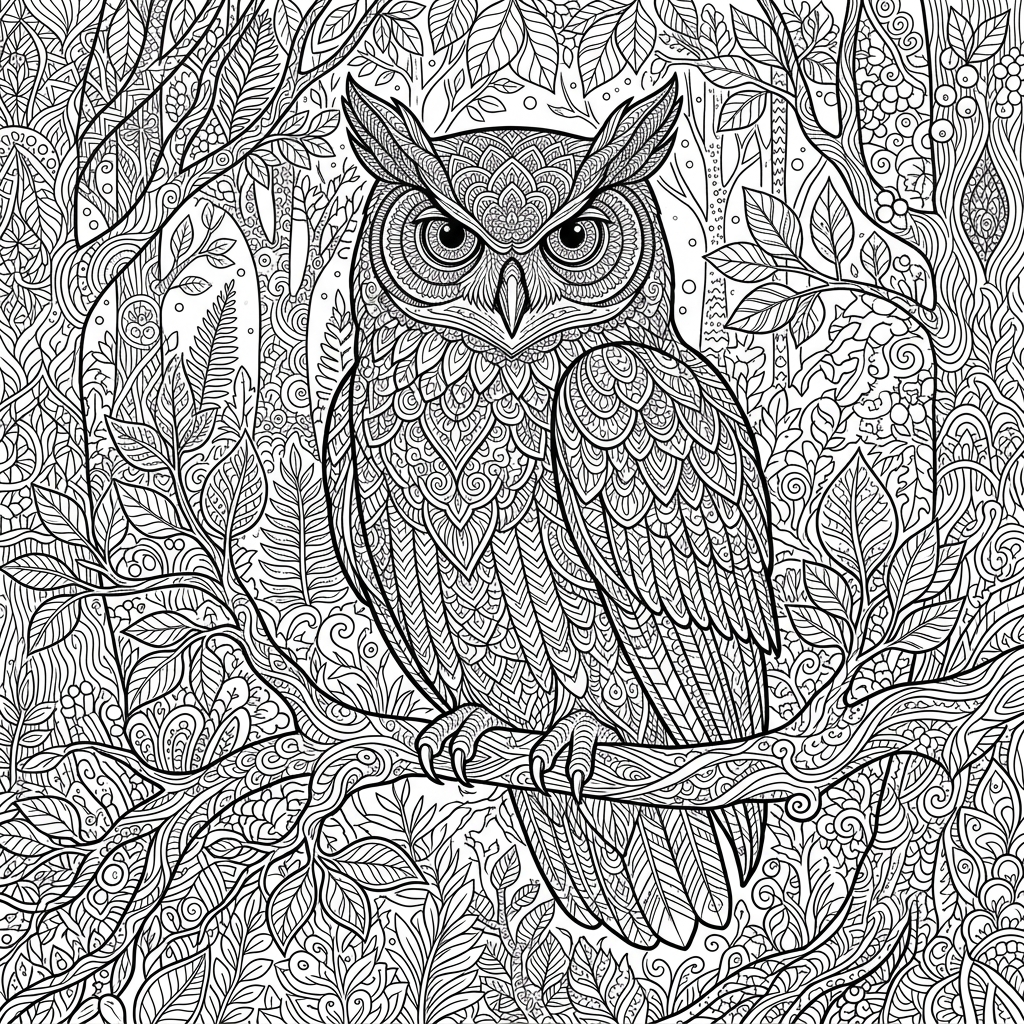 Intricate Owl Woodland Scene Coloring Page