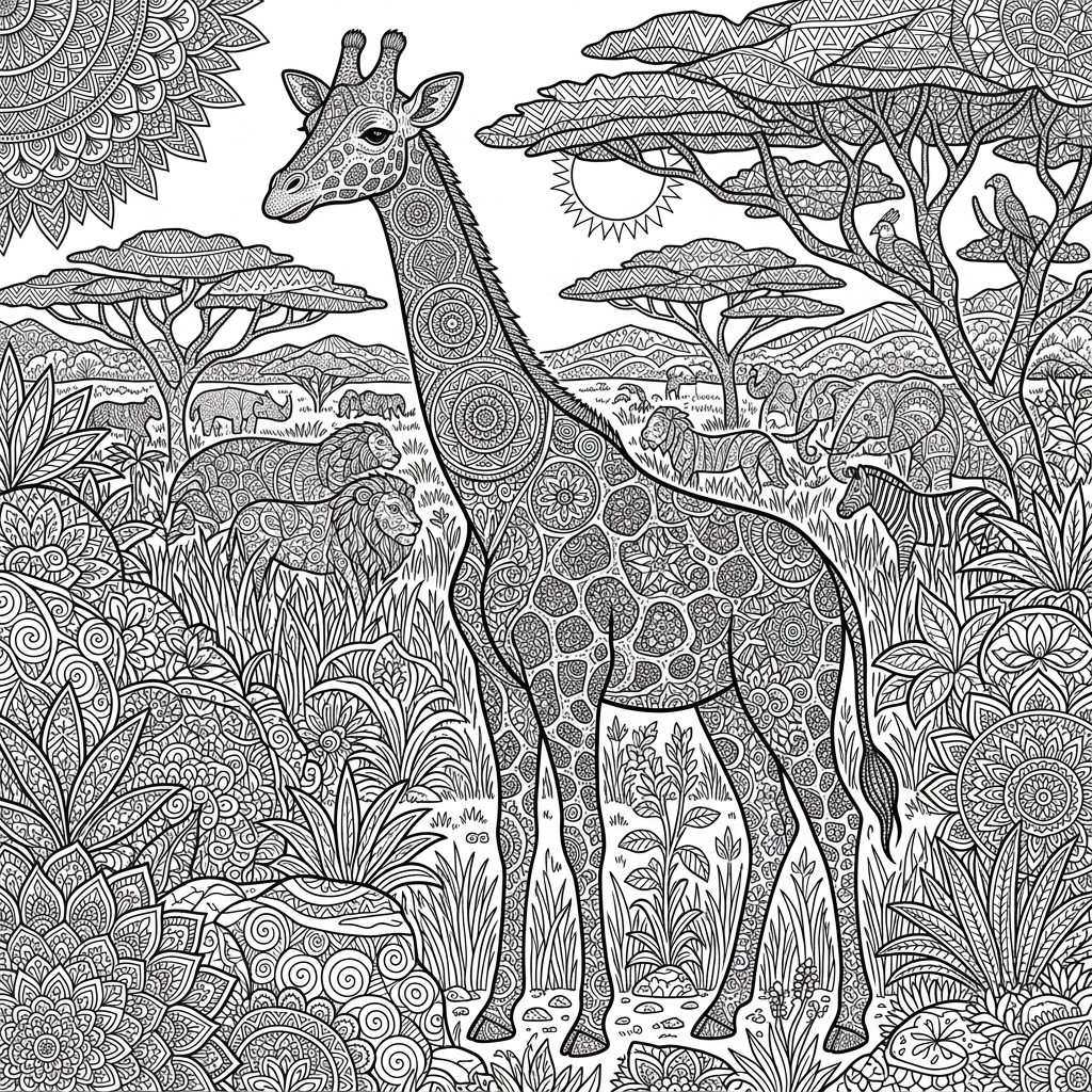 Intricate Safari Giraffe Coloring Page