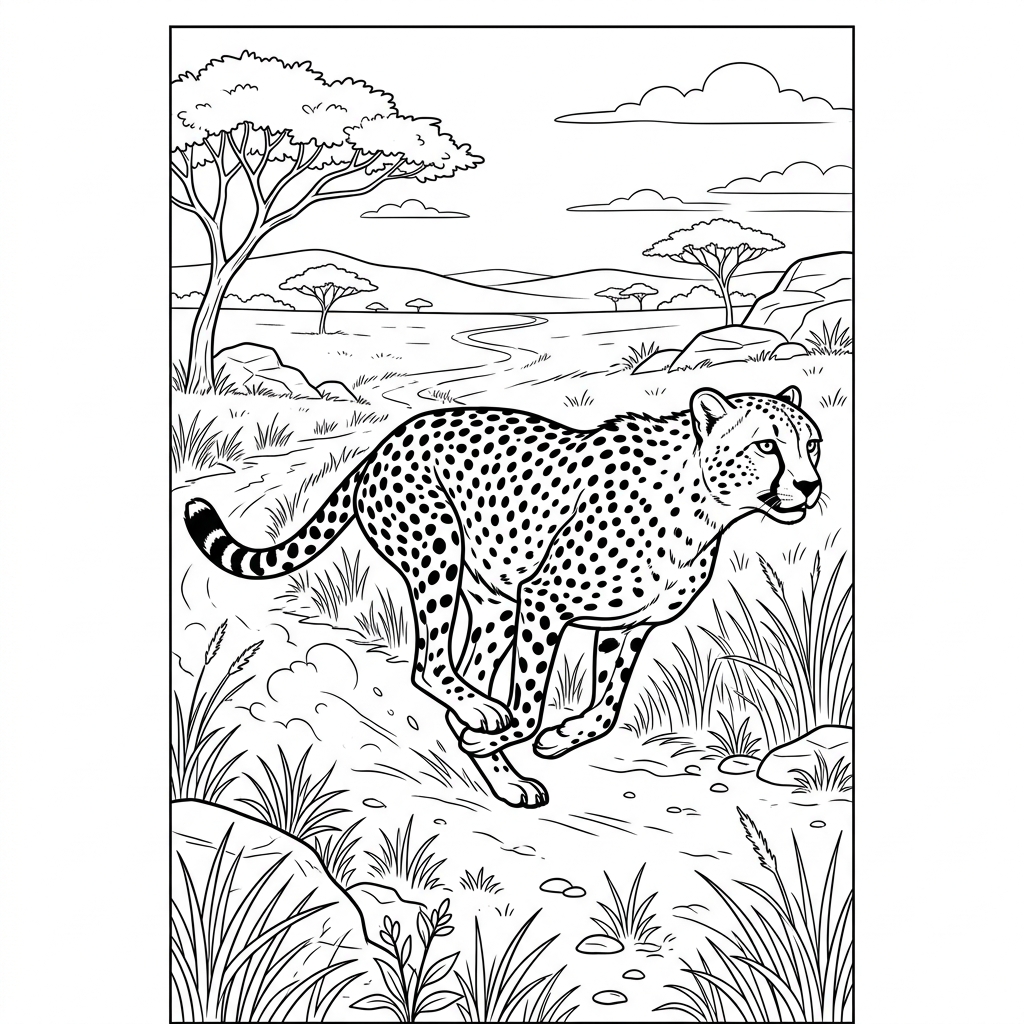 Running Cheetah in Savannah Coloring Page