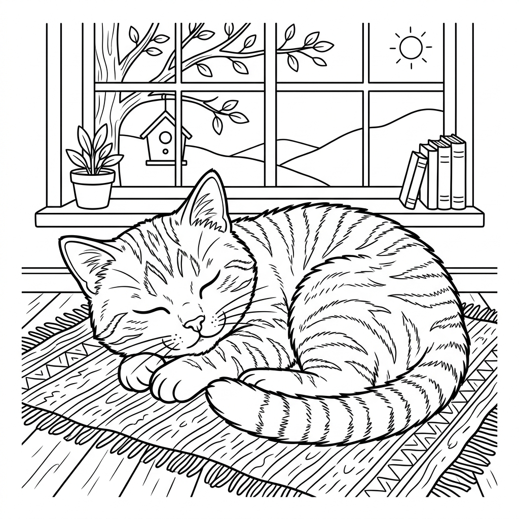 Sleeping Tabby Cat Coloring Page