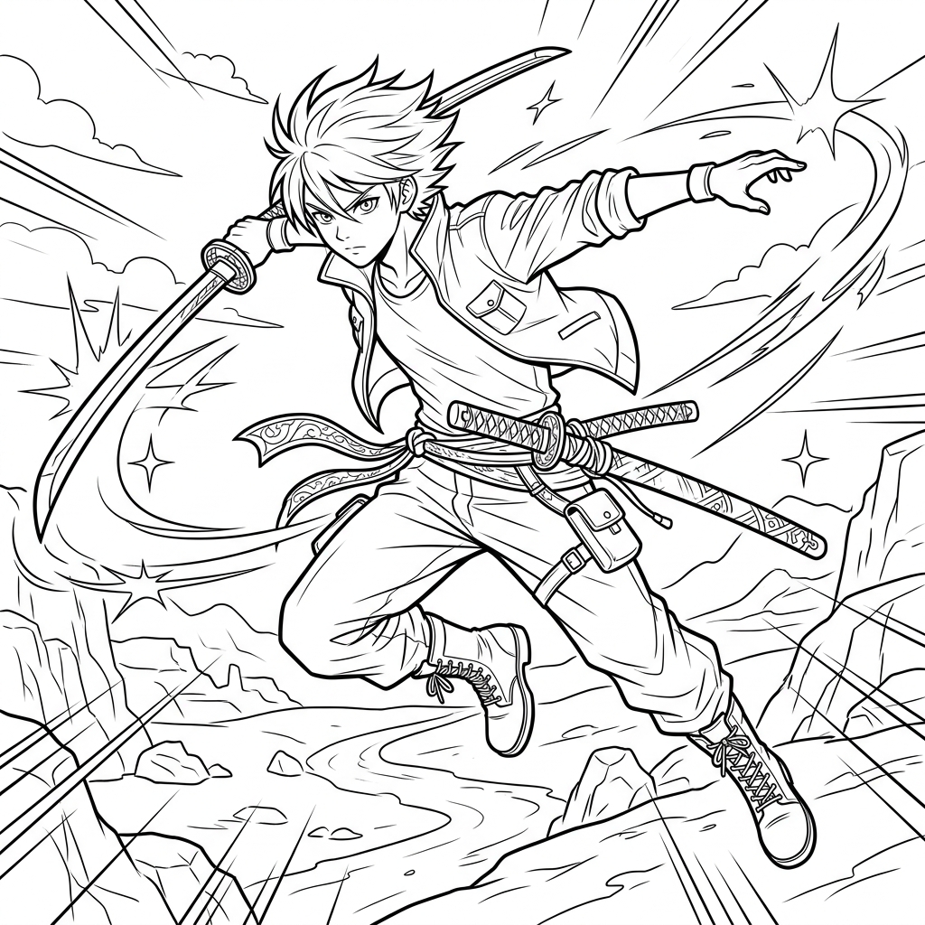 Anime Sword Slasher Strike Pose Coloring Page