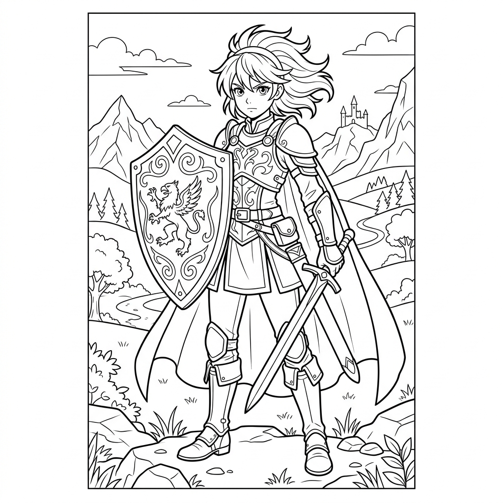 Anime Warrior Holding Shield Coloring Page