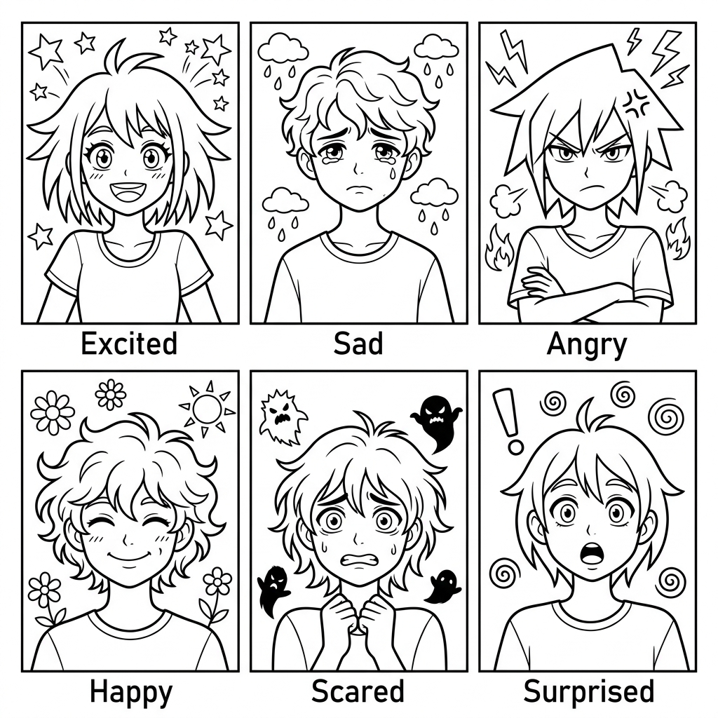 Expressive Anime Portraits Grid Coloring Page