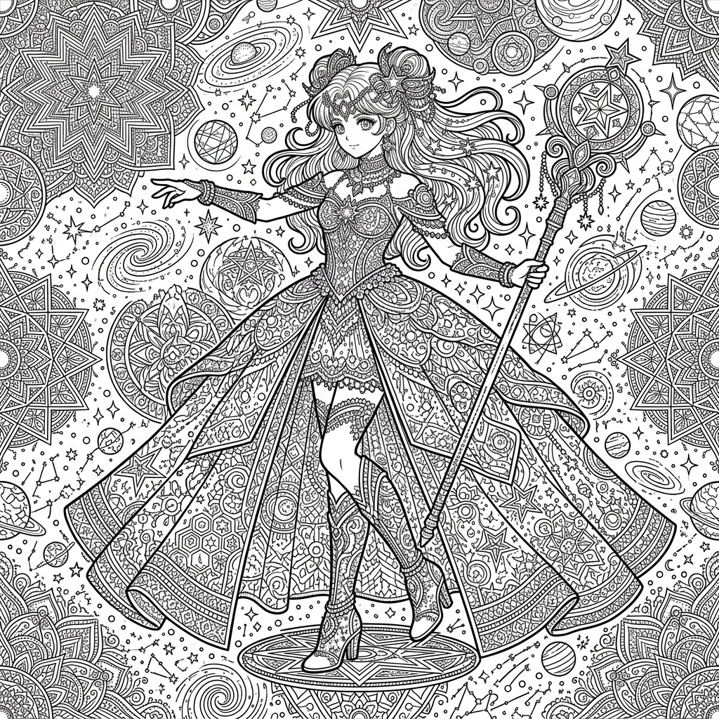 Intricate Celestial Magical Girl Coloring Page