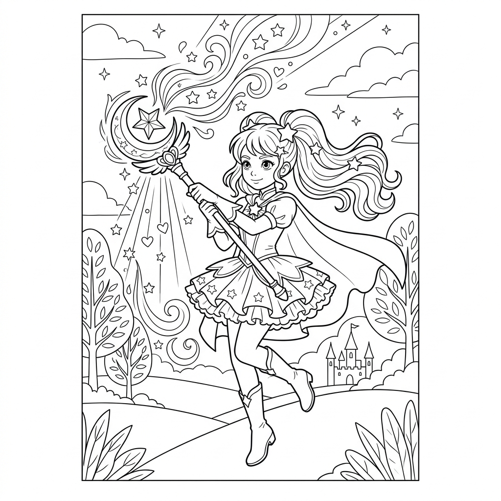 Magical Girl Casting Spell Coloring Page