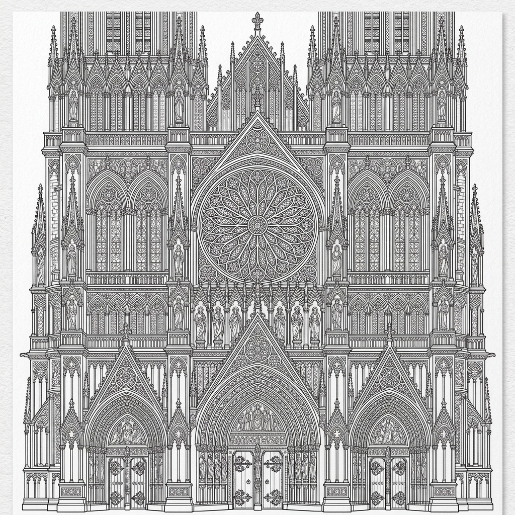 Detailed Gothic Cathedral Front facade Coloring Page