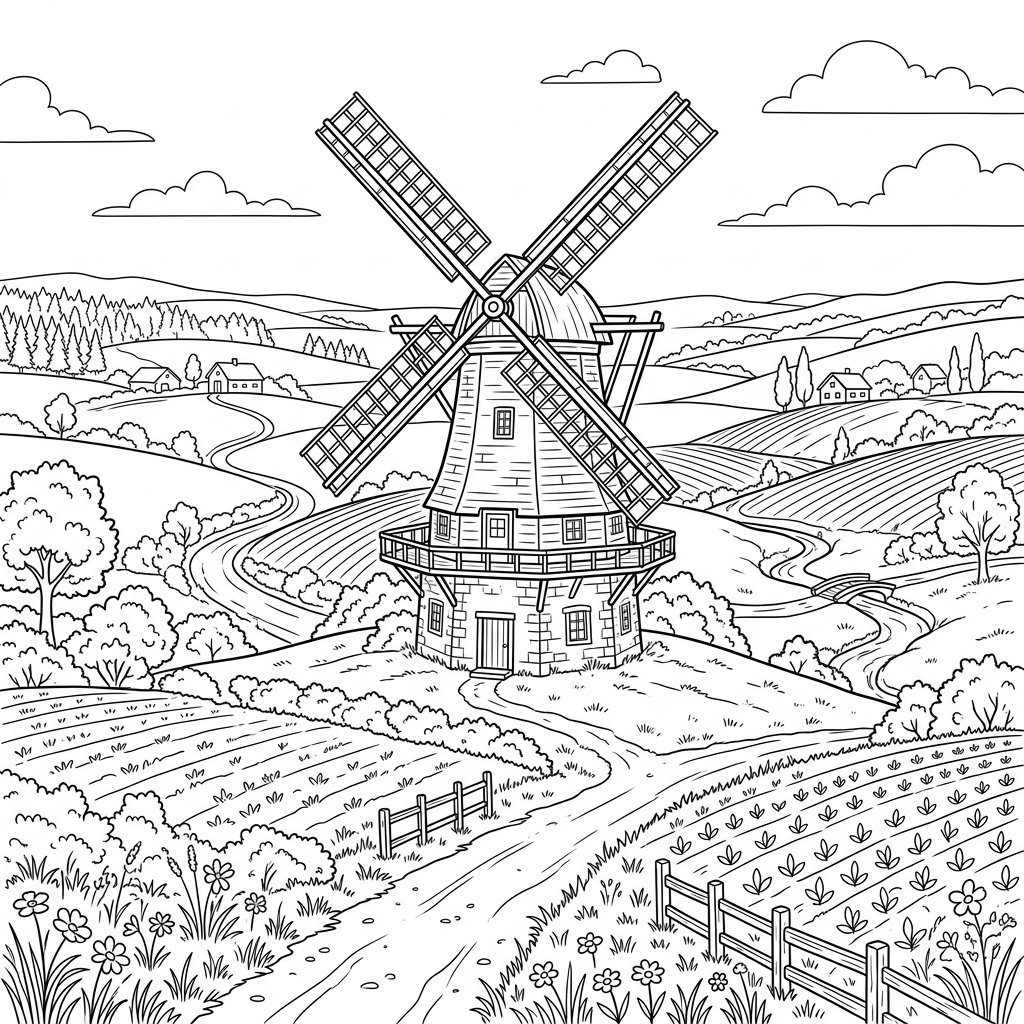 Windmill in Rural Fields Coloring Page
