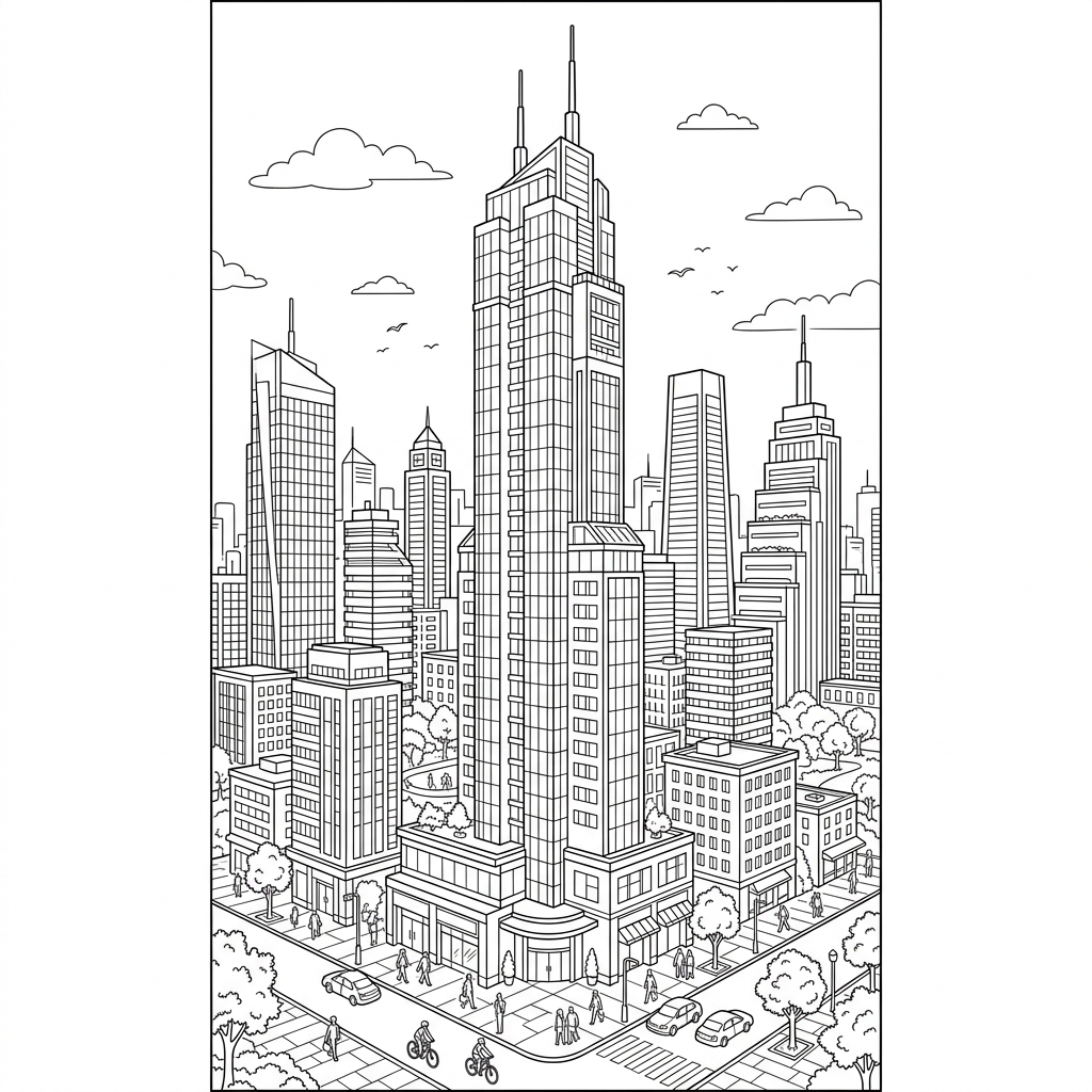 Modern Skyscraper Tower Cityscape Coloring Page