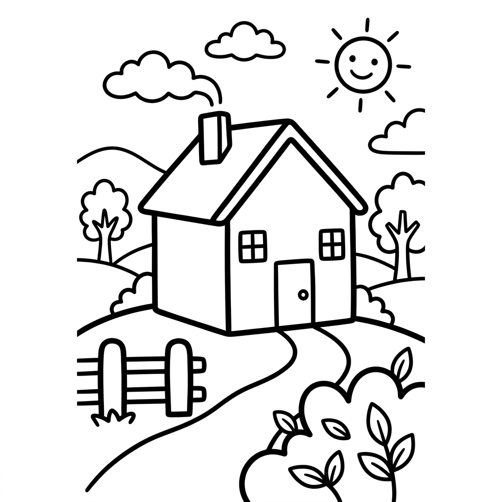 Simple Country House Cartoon Coloring Page