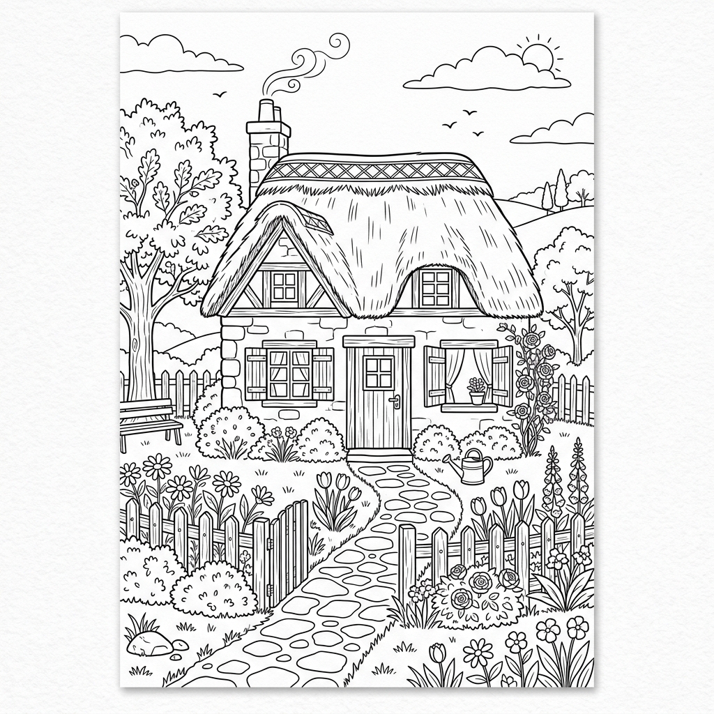 Thatch Roof Cottage with Garden Coloring Page