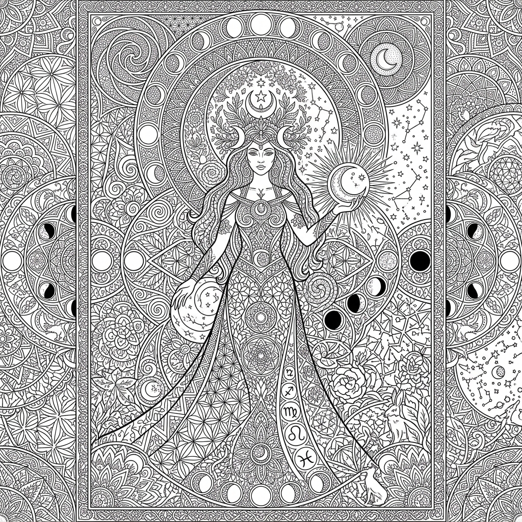 Intricate Lunar Goddess Moon Tapestry Coloring Page