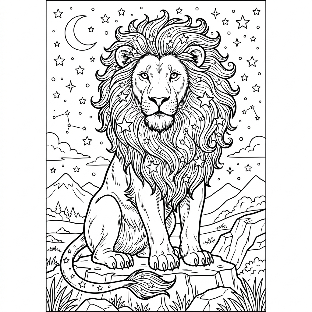 Majestic Leo Lion with Stars Coloring Page