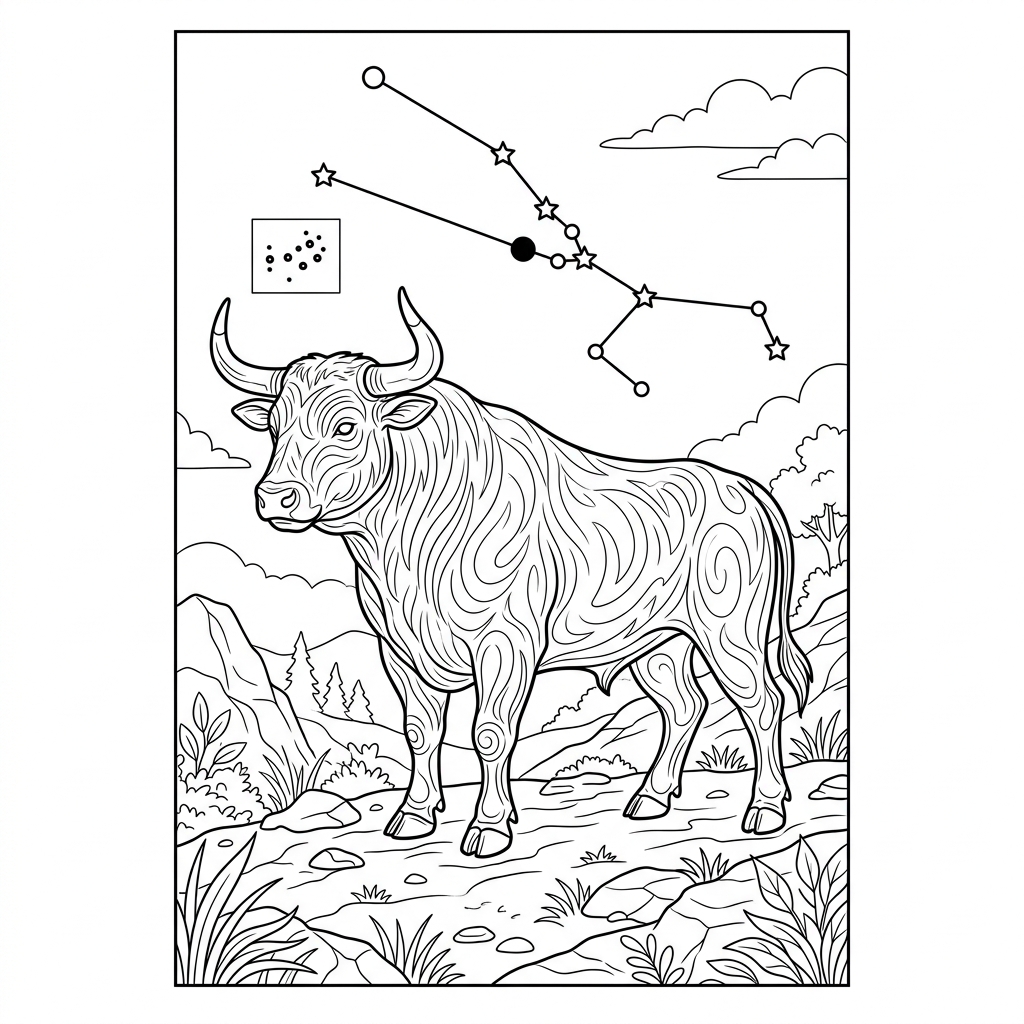 Taurus Bull and Constellation Coloring Page