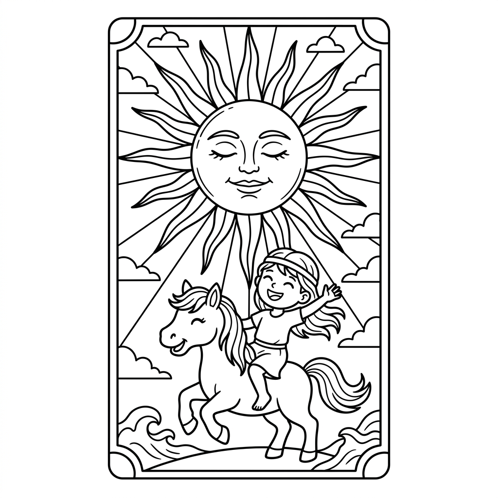 The Sun Tarot Card Classic line art Coloring Page