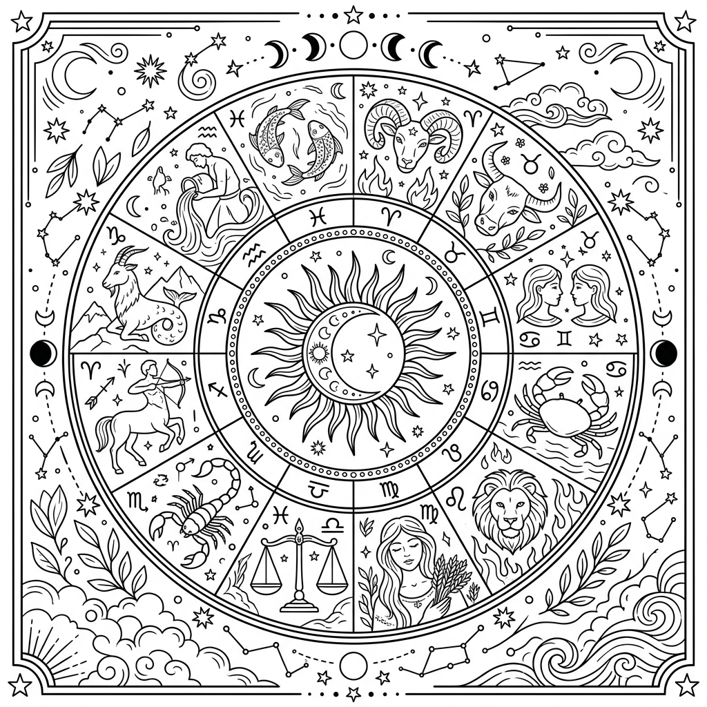Zodiac Wheel Celestial Symbols Coloring Page