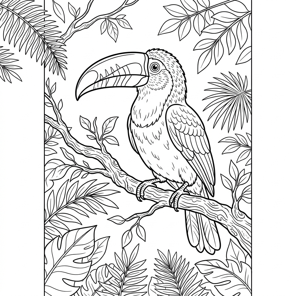 Toucan Perched on Jungle Branch Coloring Page