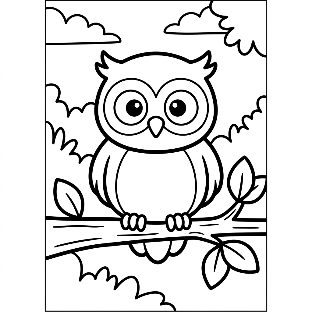 Cute Baby Owl sitting on Branch Coloring Page
