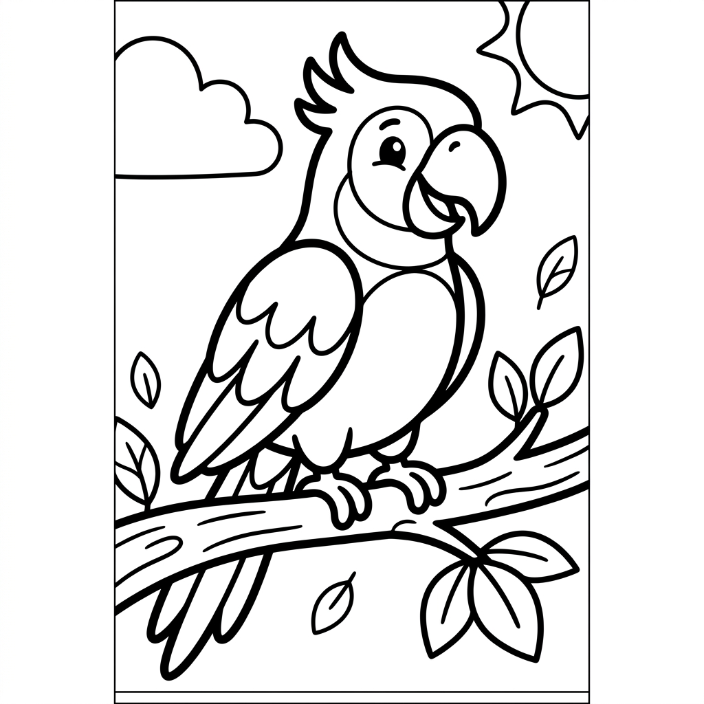 Happy Macaw perched on Branch Coloring Page
