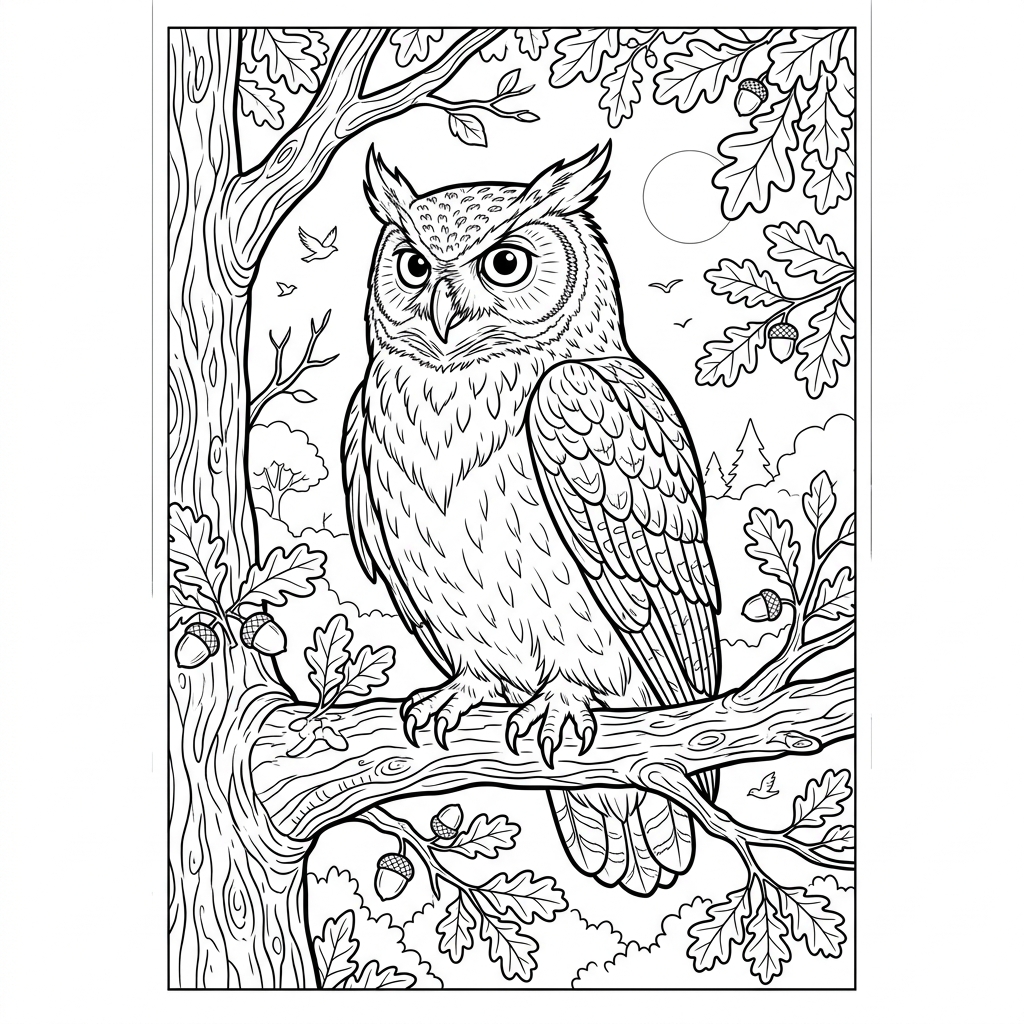 Wise Owl perched on Tree Branch Coloring Page