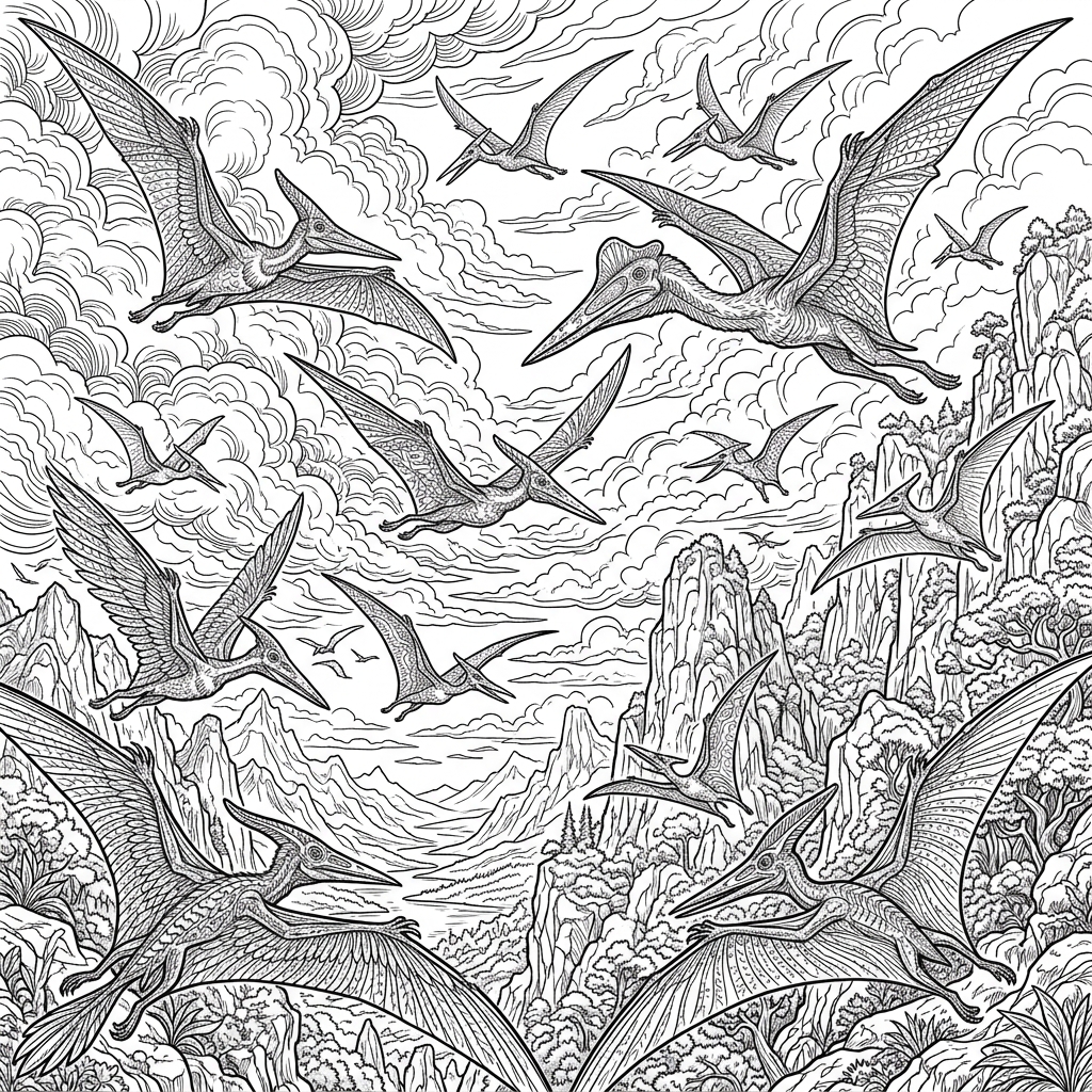 Detailed Prehistoric Sky Pterodactyls Coloring Page