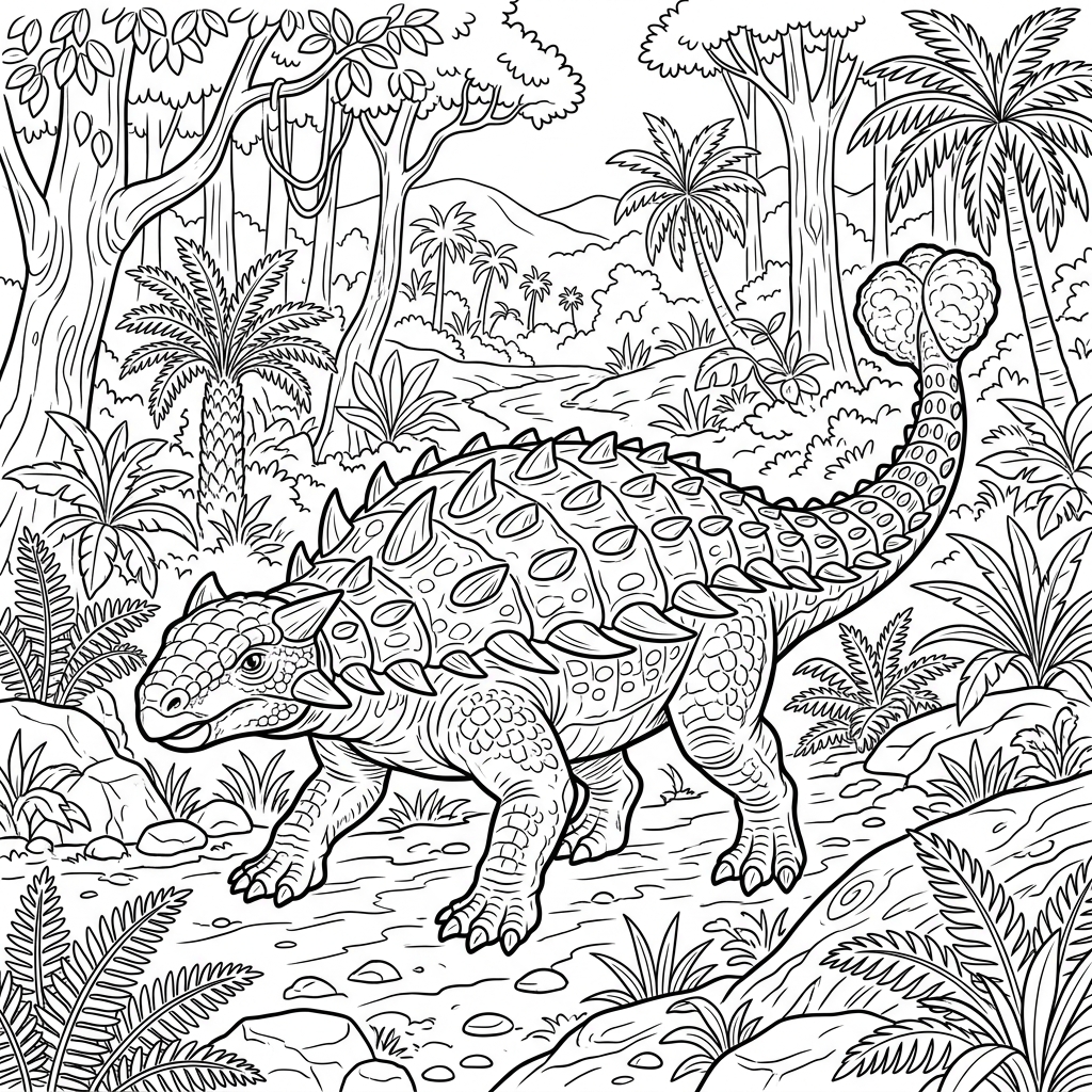 Ankylosaurus in Prehistoric Forest Coloring Page