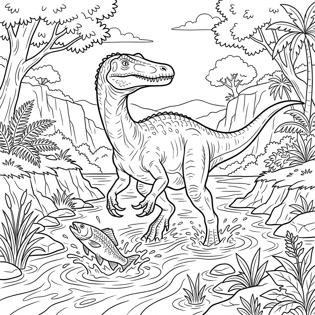 Baryonyx catching Fish Coloring Page