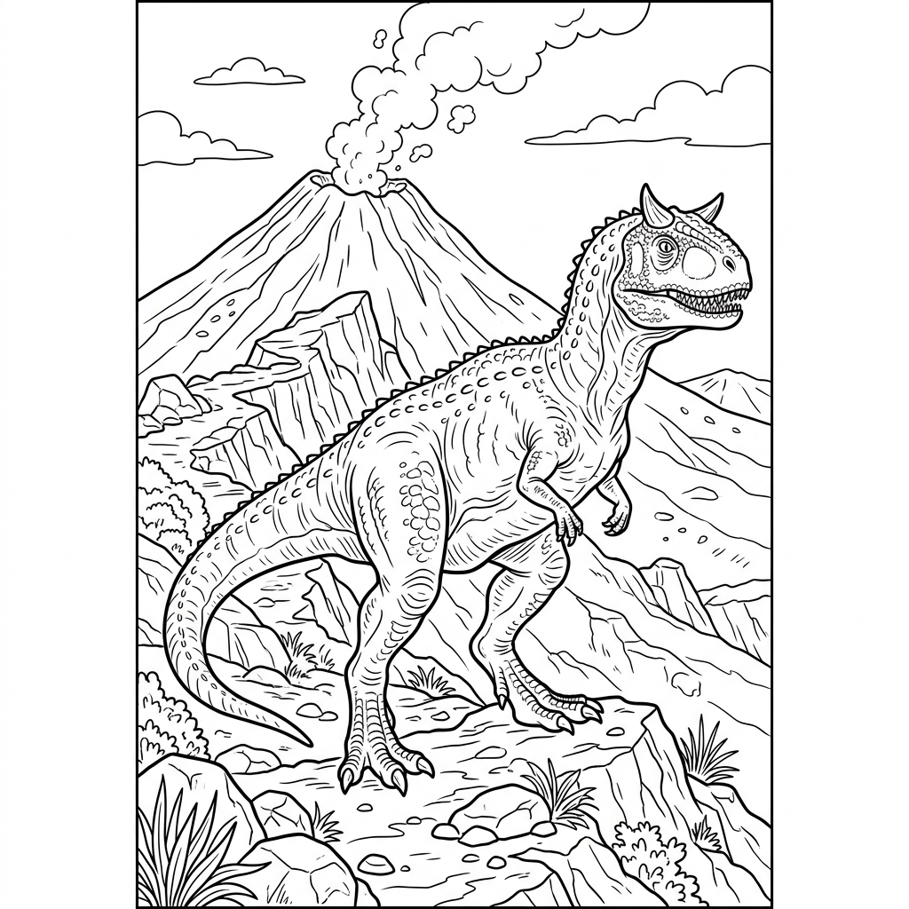 Carnotaurus on Volcano Slopes Coloring Page