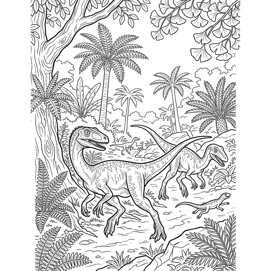 Coelophysis Hunt in Prehistoric Forest Coloring Page