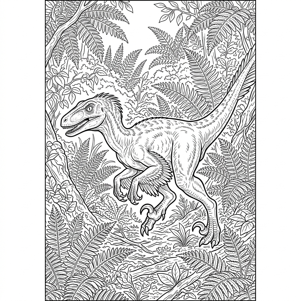 Deinonychus hunting in Ferns Coloring Page