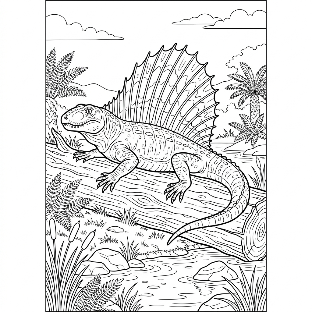 Dimetrodon Sunning on a Log Coloring Page
