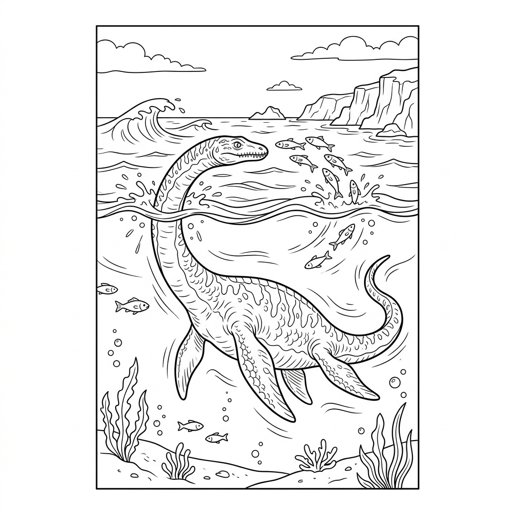 Elasmosaurus hunting near Surface Coloring Page