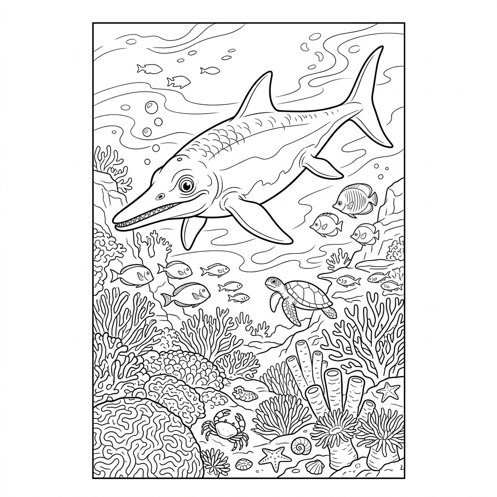 Ichthyosaurus in Coral Reef Coloring Page