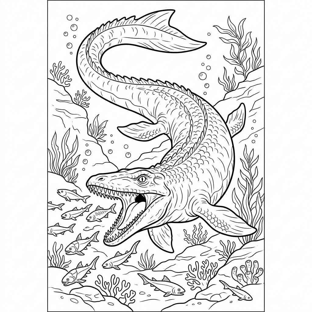 Mosasaurus hunting Prehistoric Fish Coloring Page