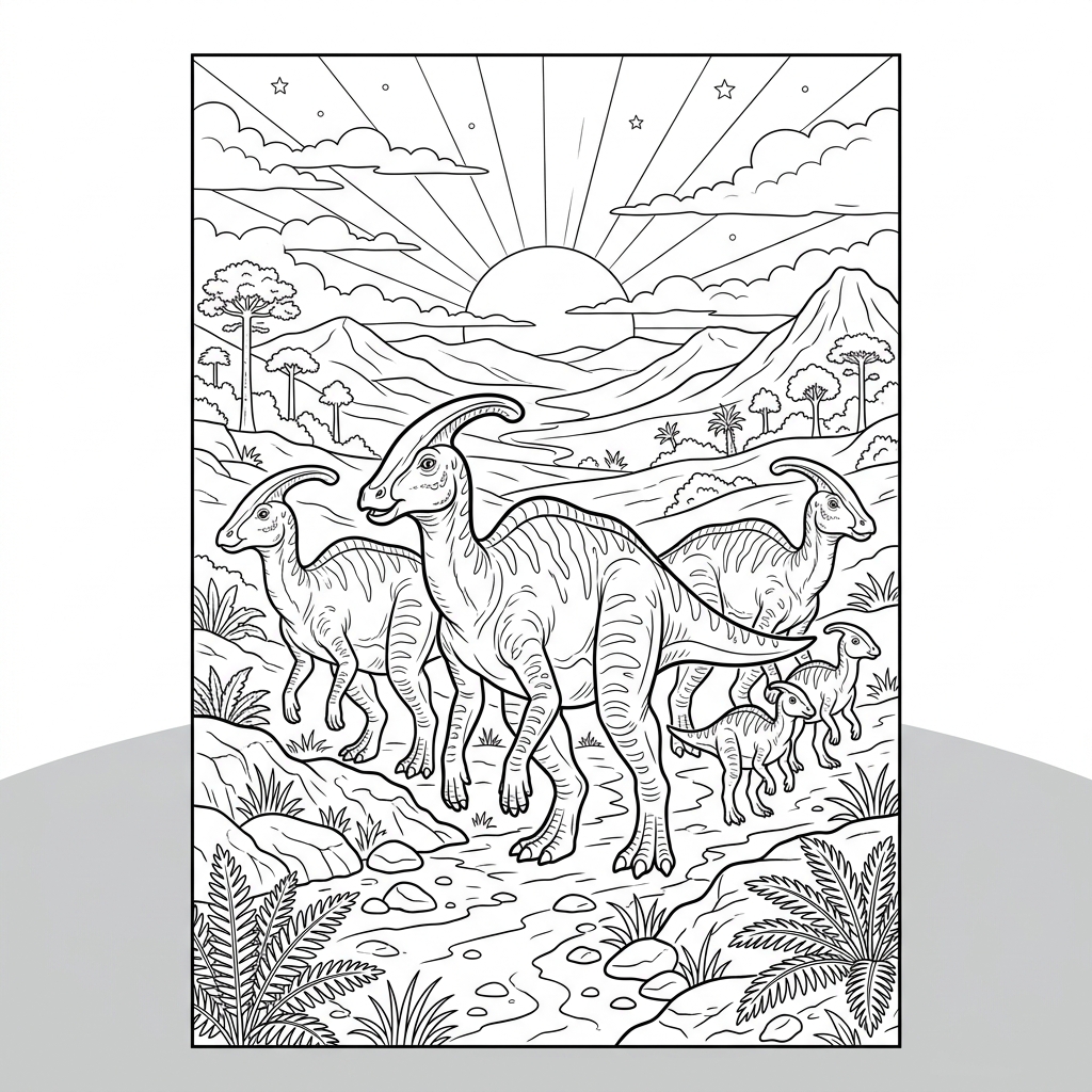 Parasaurolophus Herd at Sunset Coloring Page