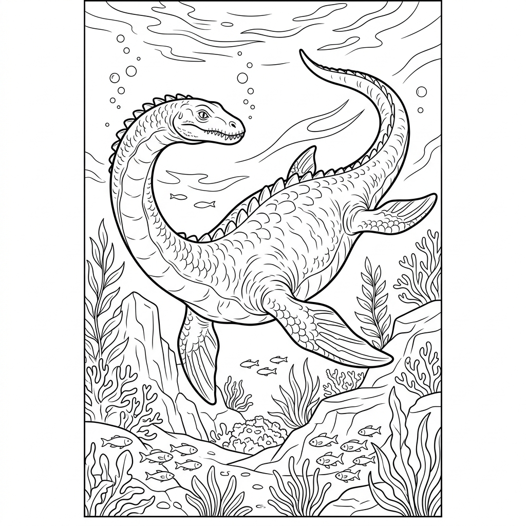 Plesiosaurus swimming in Deep Sea Coloring Page