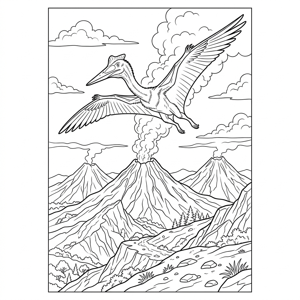 Quetzalcoatlus soaring over Volcanoes Coloring Page