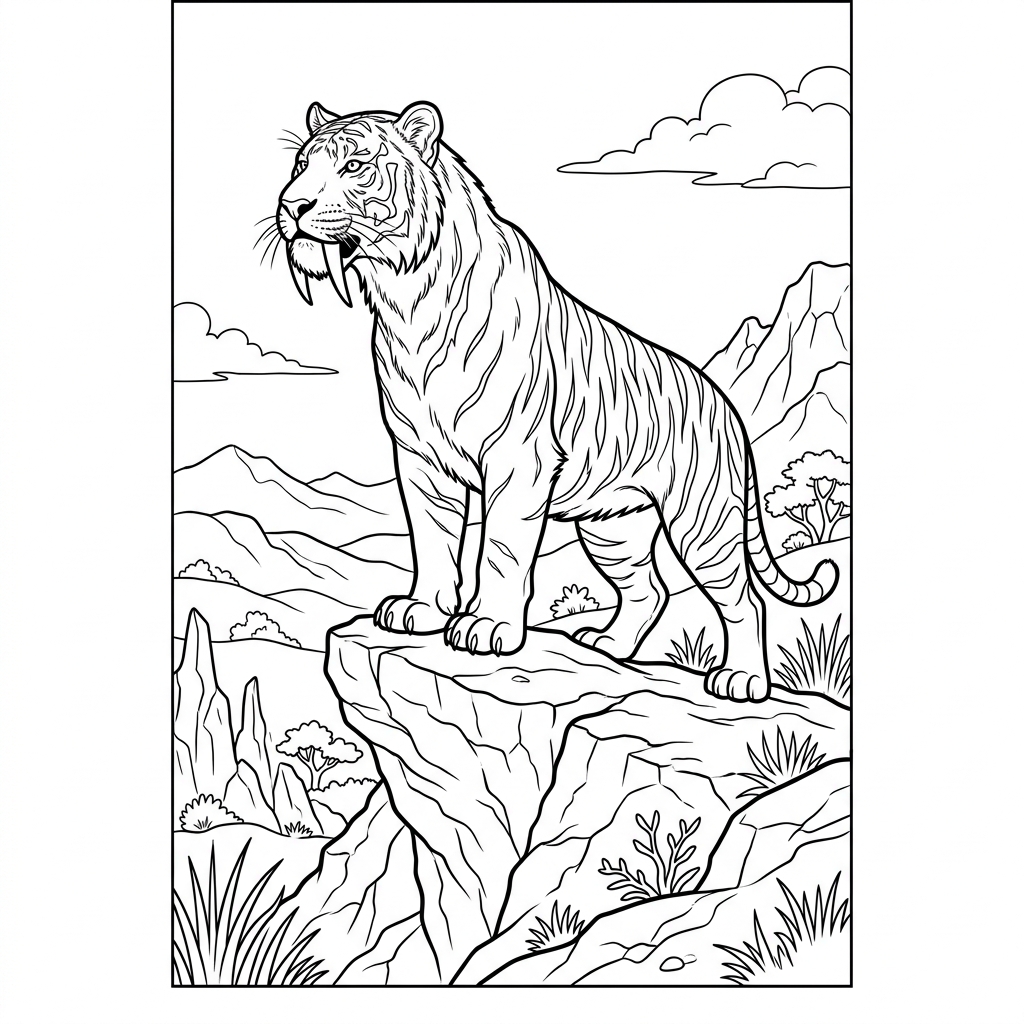 Saber-toothed Tiger on Rocky Outlook Coloring Page