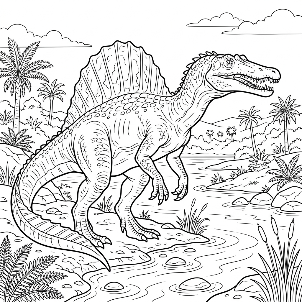 Spinosaurus by a Prehistoric River Coloring Page