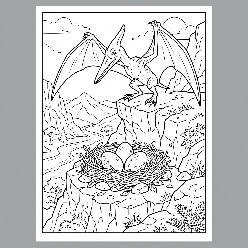 Pterodactyl Nest on Cliff Coloring Page