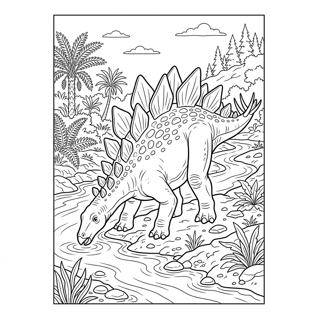 Stegosaurus Drinking from River Coloring Page