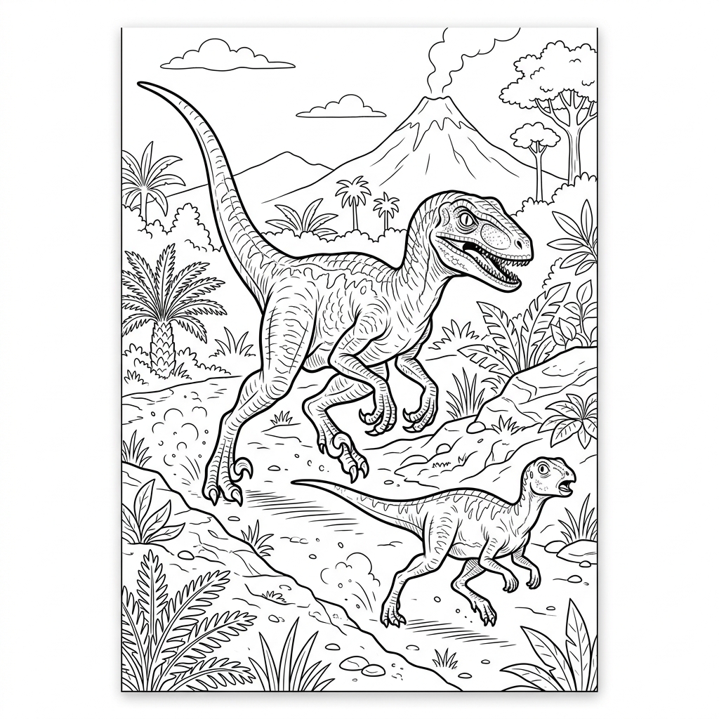 Velociraptor Chasing Prey Coloring Page