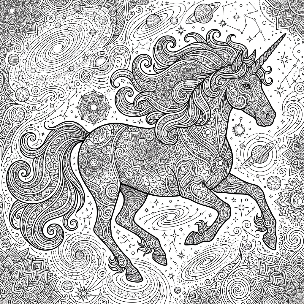 Detailed Celestial Unicorn Coloring Page