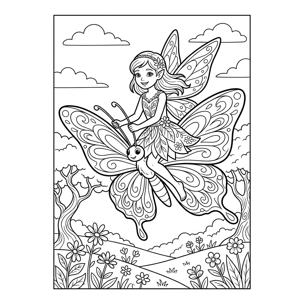 Fairy Riding a Butterfly Coloring Page